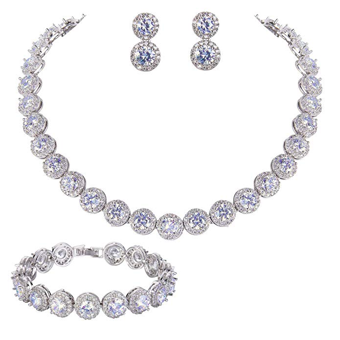 EVER FAITH Silver-Tone Round Cut Cubic Zirconia Tennis Necklace Bracelet Earrings Set