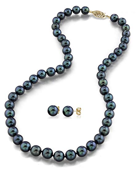 14K Gold 6.5-7.0mm Black Akoya Cultured Pearl Necklace & Matching Earrings Set, 17