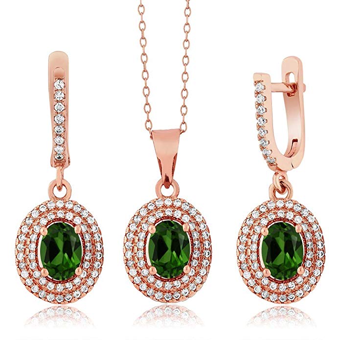 4.03 Ct Green Chrome Diopside 925 Rose Gold Plated Silver Pendant Earrings Set