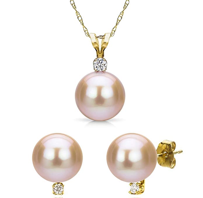Pink Freshwater Cultured Pearl Pendant Necklace 14K Gold Stud Earrings Jewelry Women 18 inch