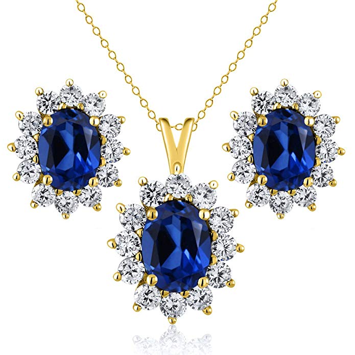 3.20 Ct Blue Simulated Sapphire 18K Yellow Gold Plated Silver Pendant Earrings Set
