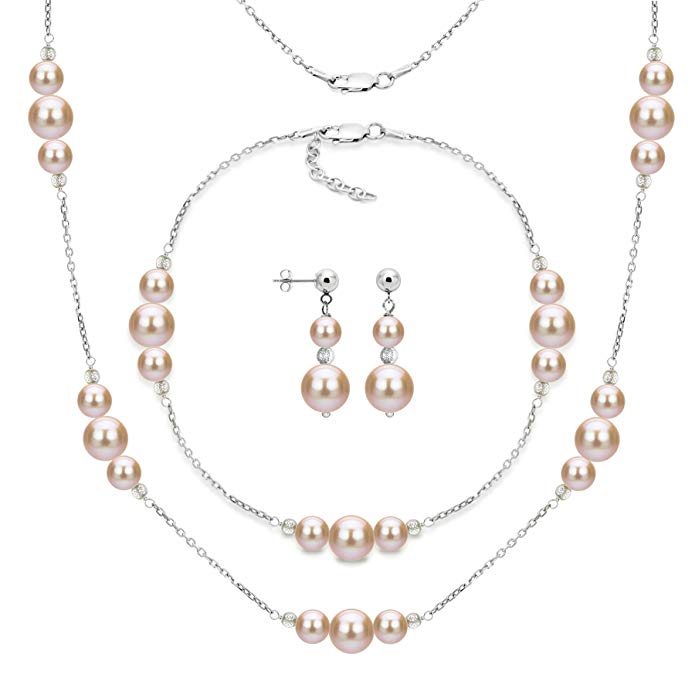 Sterling Silver 6mm and 10mm Pink Freshwater Cultured Pearl Station Necklace, Bracelet and Earrings Set