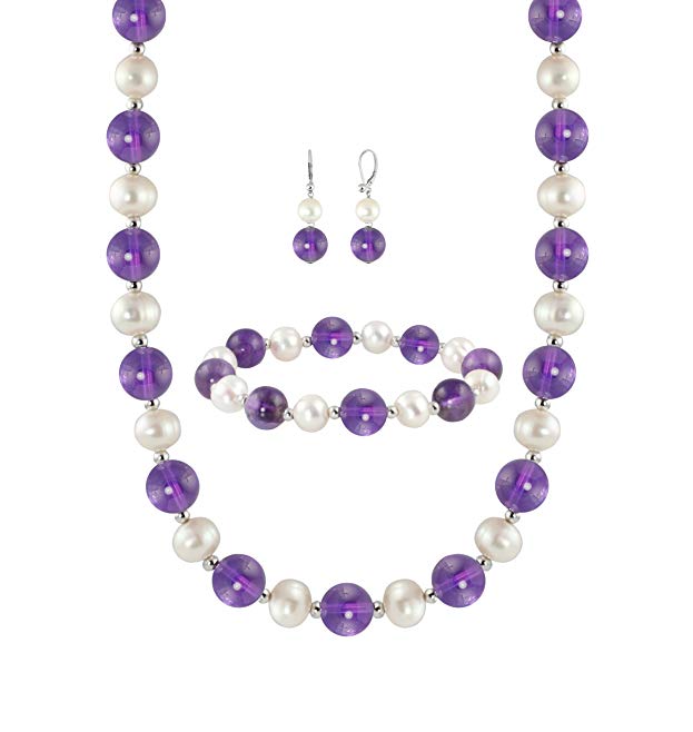 10-10.5mm Amethyst Bead and 8-8.5mm Freshwater Cultured White Pearl Necklace, Bracelet and Earring Set