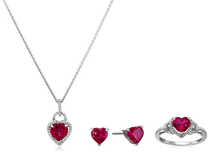 Sterling Silver Created Ruby Heart with Diamond Pendant Necklace, Earrings and Ring Box Set