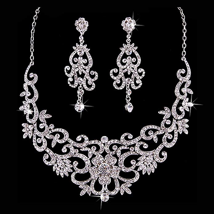 ACCESSORIESFOREVER Women Bridal Wedding Prom Fashion Jewelry Set Crystal Rhinestone Vintage Floral Necklace Silver