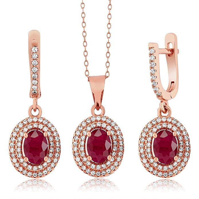 4.69 Ct Oval Red Ruby 925 Rose Gold Plated Silver Pendant Earrings Set