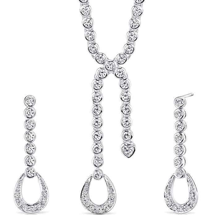 Cubic Zirconia Full Line Tennis Necklace Earrings Set Sterling Silver Rhodium Nickel Finish