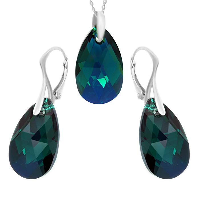 Royal Crystals Sterling Silver 925 Dark Green Blue Necklace Earrings Set for Women, 18