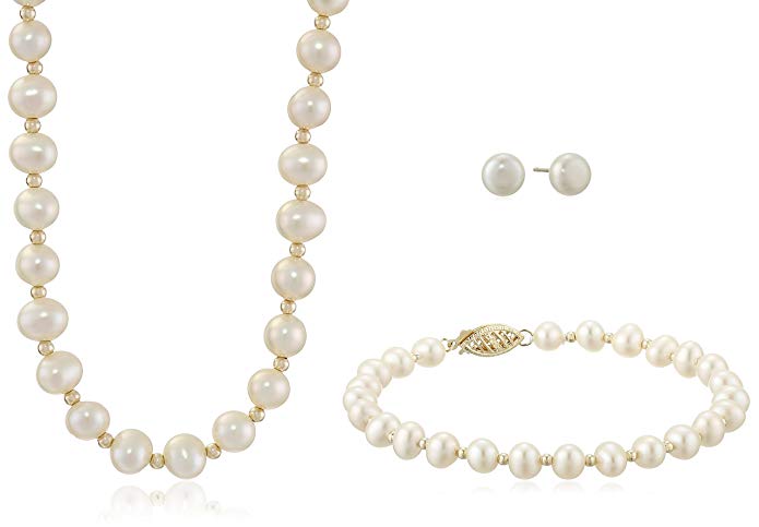 14K Yellow Gold 5.5-6mm White Freshwater Cultured Pearl Necklace, Bracelet and Stud Earrings Jewelry Set