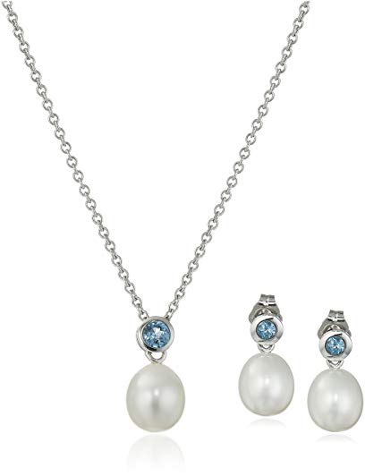 Sterling Silver 7-8mm White Oval Freshwater Cultured Pearl and Blue Topaz Bezel Pendant Necklace and Earrings Jewelry Set