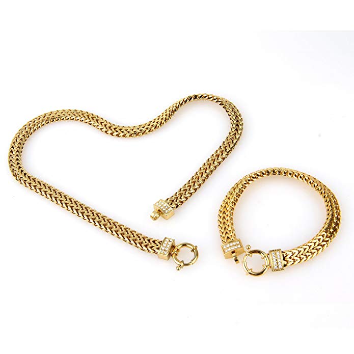COPAUL Jewelry Women's Stainless Steel Gold Chain Link Bracelet & Necklace Set