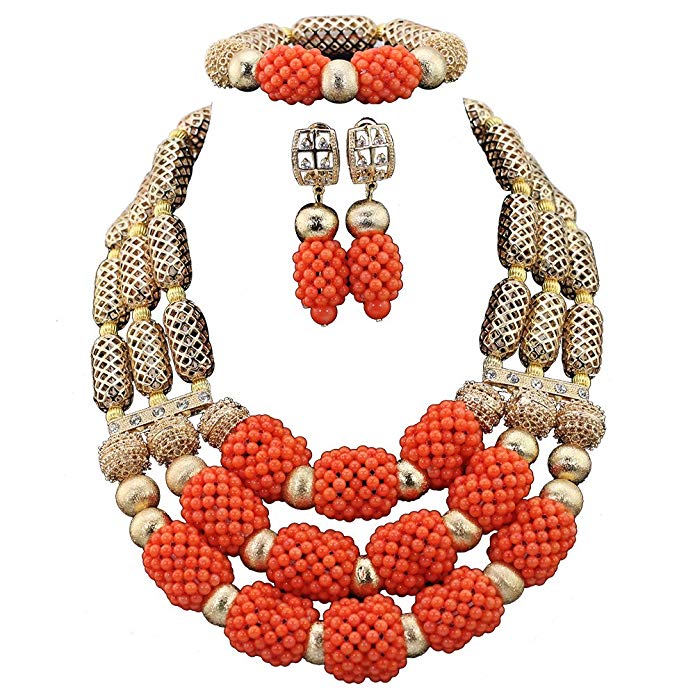Red Beads Statement Women Jewelry Necklace Set Dubai Gold African Nigerian Beads Jewelry Set for Wedding