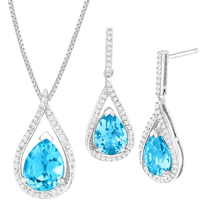 4 7/8 ct Natural Swiss Blue Topaz & 1/3 ct Diamond Earring & Pendant Set in Sterling Silver
