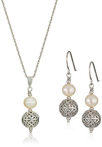 White Freshwater Cultured Pearl and Antique Sterling Silver Bead Necklace and Earrings