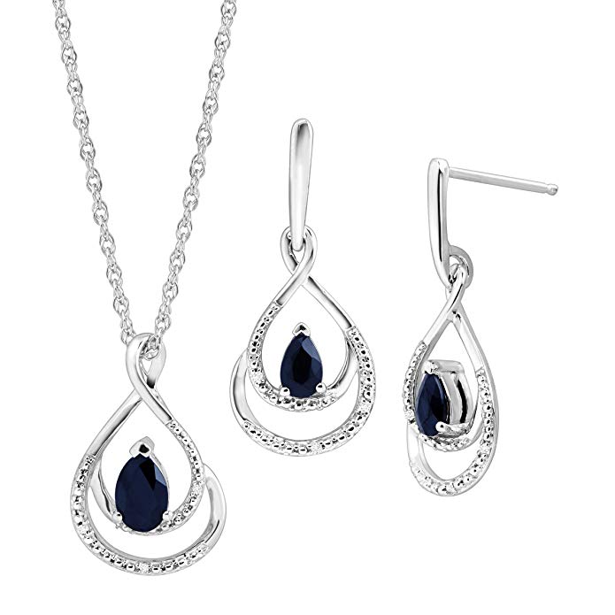 1 1/10 ct Natural Kanchanaburi Sapphire Pendant & Earrings Set with Diamonds in Sterling Silver