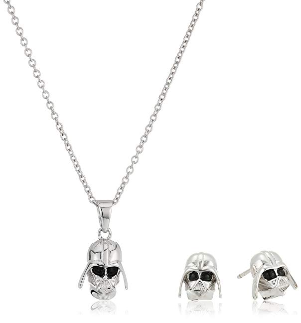 Star Wars Jewelry Darth Vader 925 Sterling Silver 3D Stud Earrings and Pendant Necklace, 18