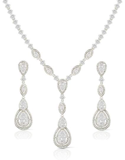 JanKuo Jewelry Rhodium Plated Bridal Long Dangle Teardrop CZ Necklace Earrings Jewelry Set, 17