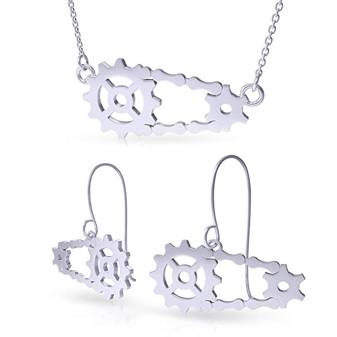 925 Sterling Silver Bicycle Sprocket Earrings and Pendant Set, 18