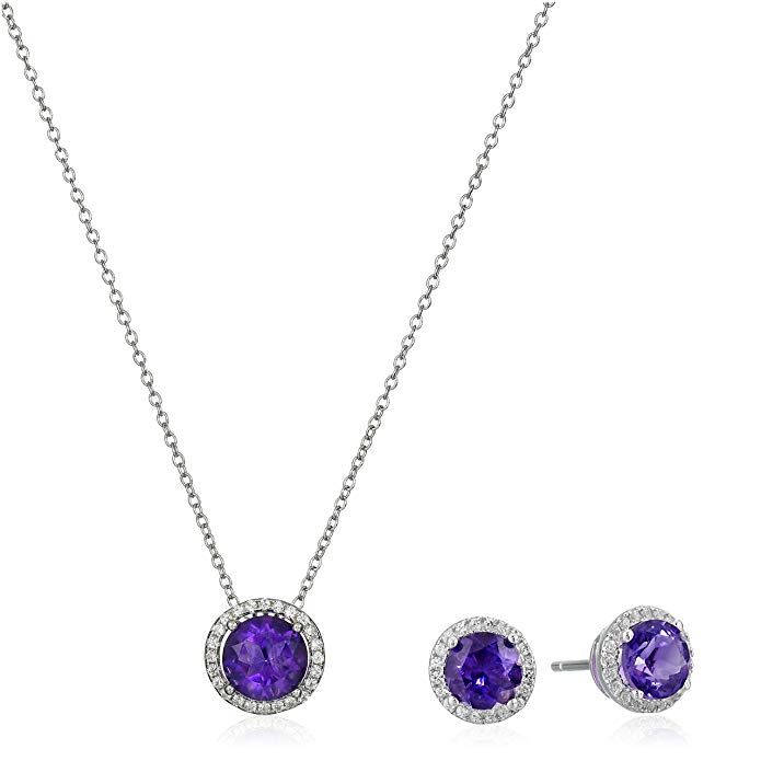 Sterling Silver Gemstone and Created White Sapphire Halo Earrings and Pendant Necklace Set, 18