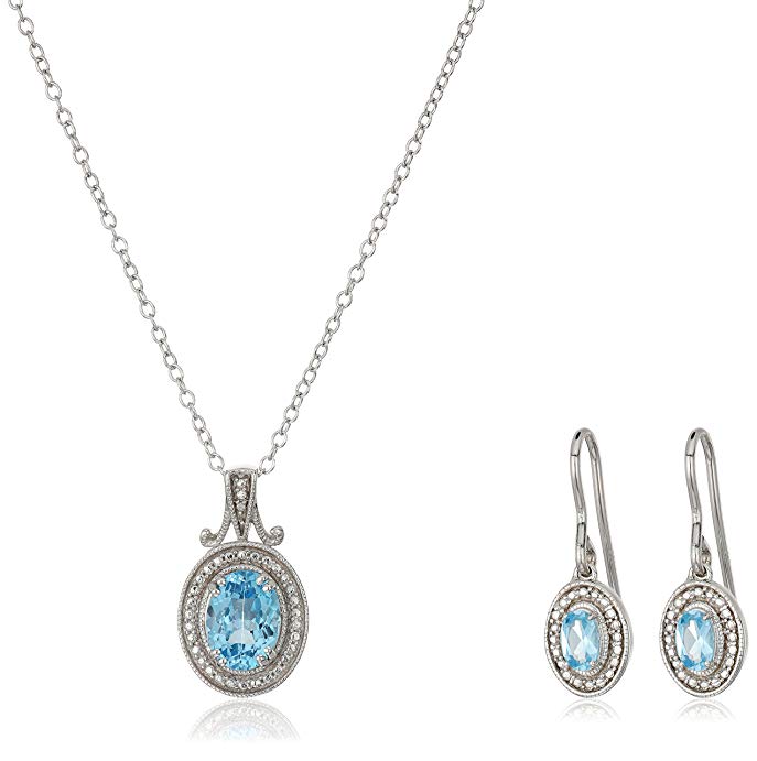 Sterling Silver Oval Gemstone Earrings and Pendant Necklace Jewelry Set