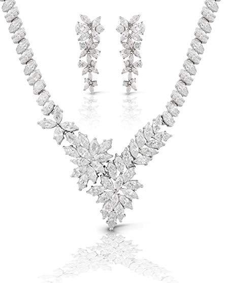 JanKuo Jewelry Rhodium Plated Prom Bridal Floral Graduated Marquise CZ Necklace Earrings Jewelry Set, 17