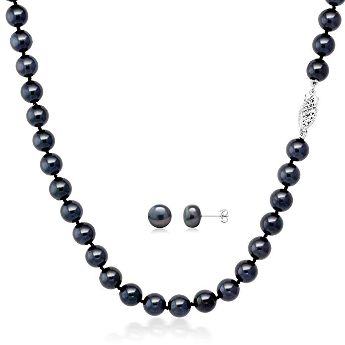 Black Cultured Freshwater Pearl Necklace and Earring Set In 14K White Gold