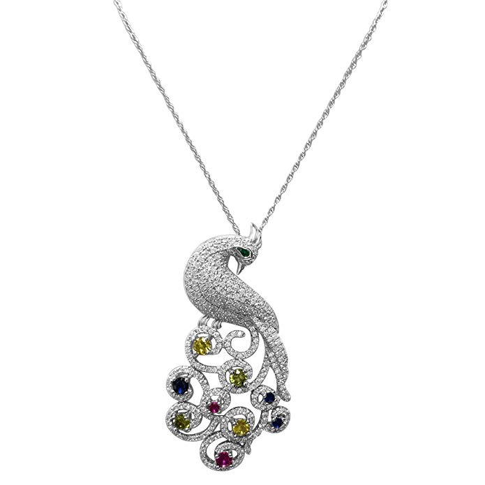 Peacock Necklace and Earring Set on Sterling Silver with Cubic Zirconia - 18