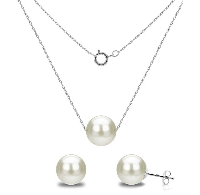 14k Gold Chain Necklace with White Freshwater Cultured Pearl Floating Pendant and Stud Earrings