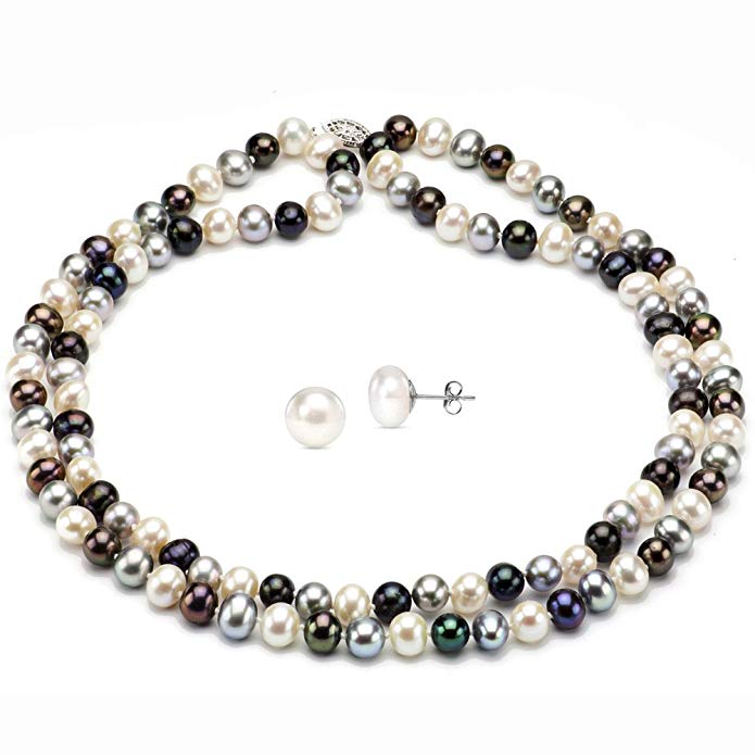 Sterling Silver 2-rows 7-7.5mm Dyed Multi-dark Freshwater Cultured Pearl Necklace and Stud Earrings