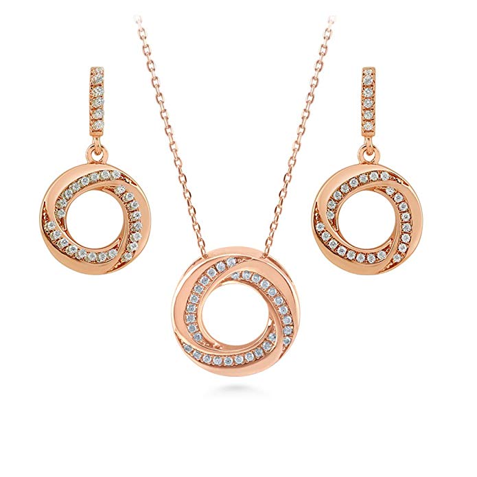 BERRICLE Rose Gold Flashed Sterling Silver Cubic Zirconia CZ Woven Open Circle Necklace and Earrings Set