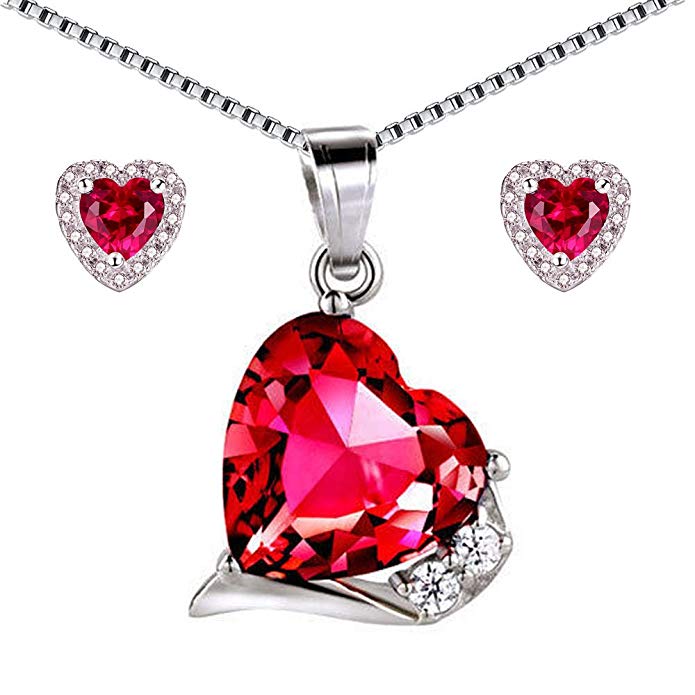 Mabella Sterling Silver Heart Jewelry Sets Simulated Ruby Emerald Pendant Earrings Set, Gifts for women