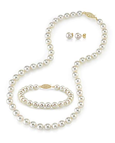 14K Gold 6.0-6.5mm White Akoya Cultured Pearl Necklace, Bracelet & Earrings Set, 17
