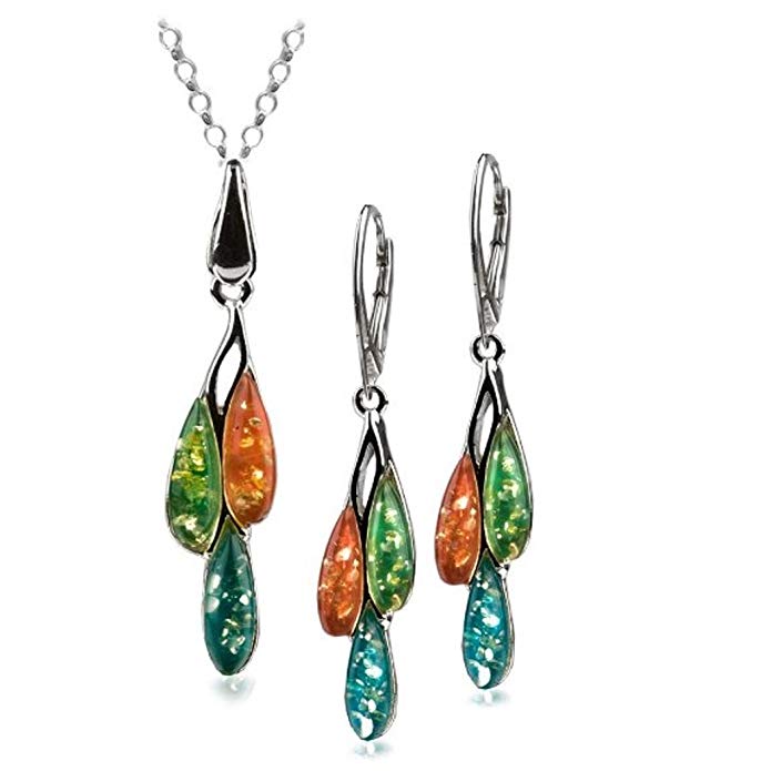 Sterling Silver Multicolor Amber Dreams Necklace Earrings Set 18 Inches