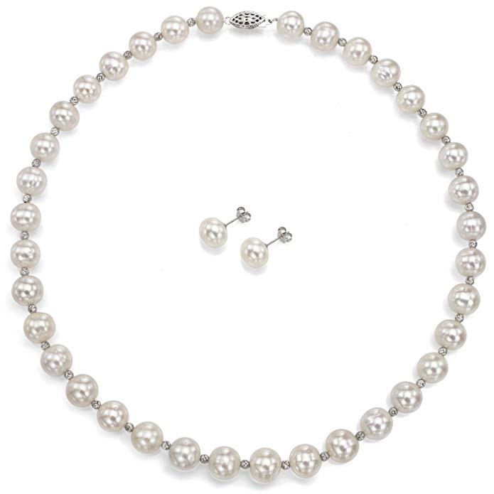 Sterling Silver 10-10.5mm White Freshwater Cultured Pearl Necklace and Stud Earrings Set, 18