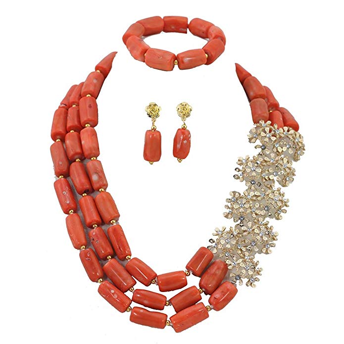 Africanbeads 3-Row Orange Costume African Beads Jewelry Set Nigerian Coral Beads Wedding Necklace