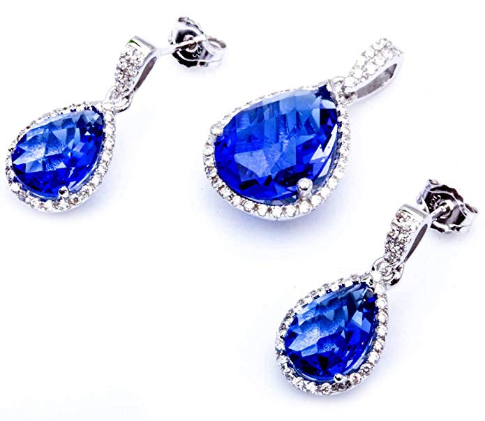 9ct Pear Shape Simulated Tanzanite & Cz .925 Sterling Silver Earring & Pendant Jewelry set