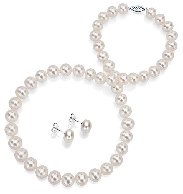 Sterling Silver 9-9.5mm White Freshwater Cultured Pearl Necklace 18