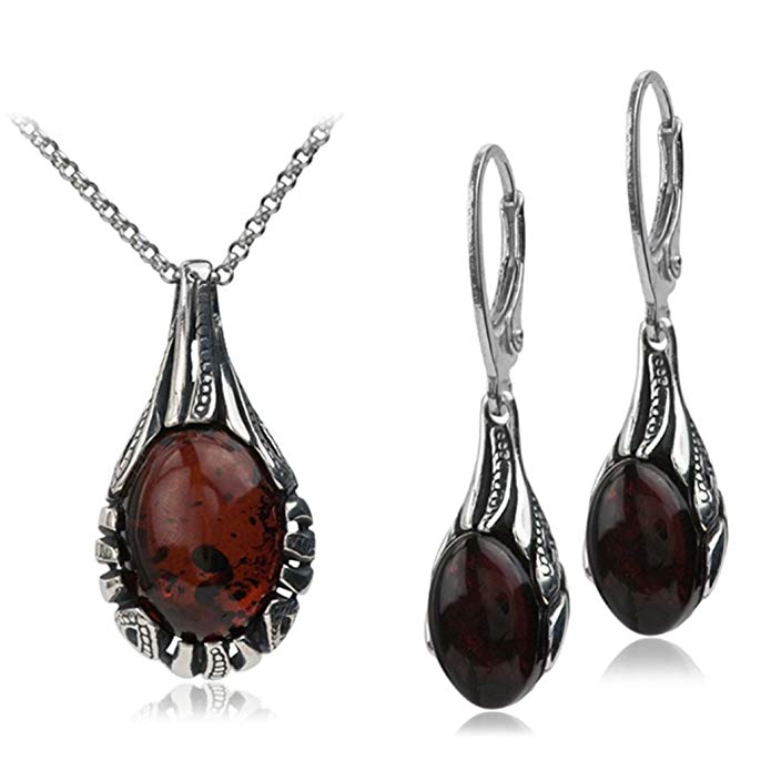 Sterling Silver Red Dark Amber Drop Necklace Set 18 Inches