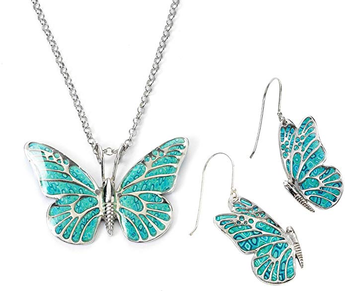 925 Sterling Silver Butterfly Jewelry Set Polymer Clay Necklace and Dangle Earrings, 16.5