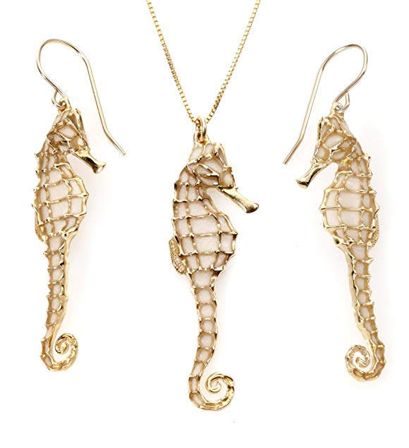 Gold Plated Sterling Silver Seahorse Necklace and Earring Set Handmade Polymer Clay, 16.5