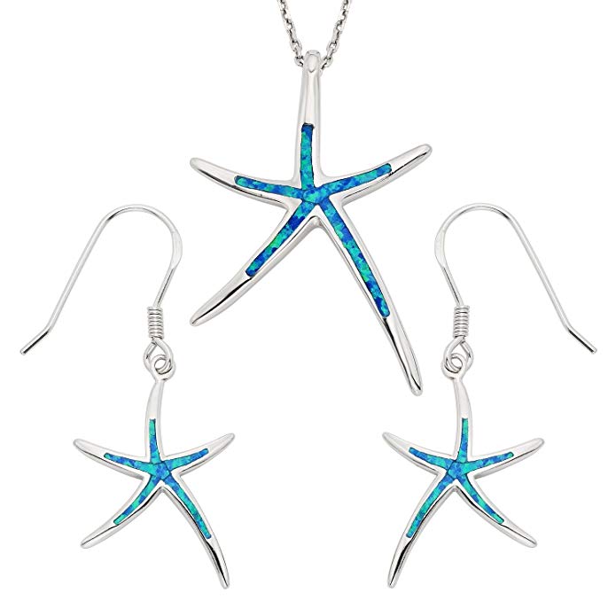 Sterling Silver Created Opal Starfish Earrings and Pendant Set with 18