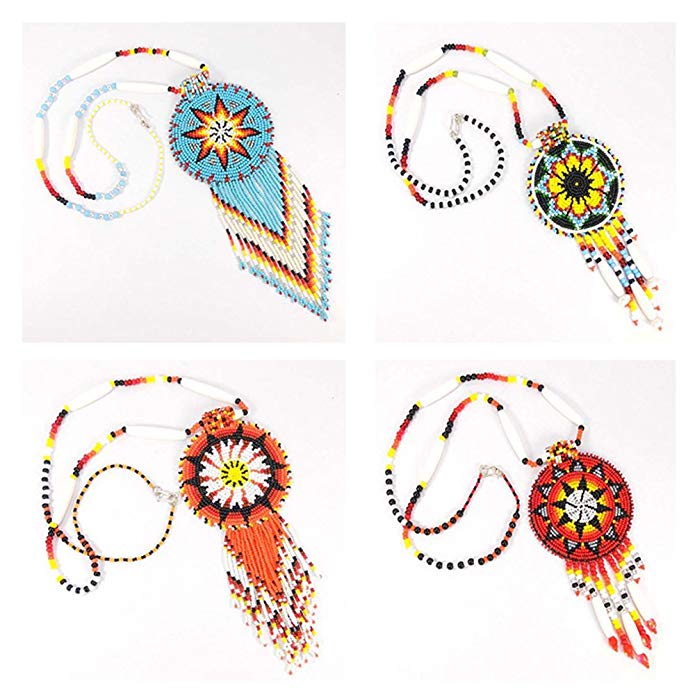 HOLIDAY SHOPPING MULTICOLOR SEED BEADED HANDMADE MEDALLION BEADWORK NECKLACE WHOLESALE LOT 4 S/51