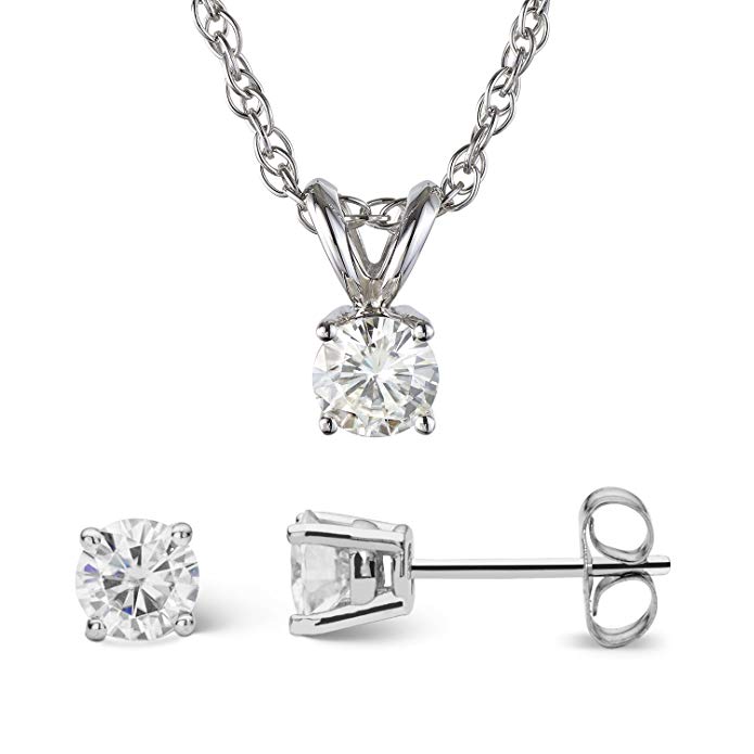 Forever Classic Round Cut 4.5mm Moissanite Earrings and Pendant Necklace Set by Charles & Colvard