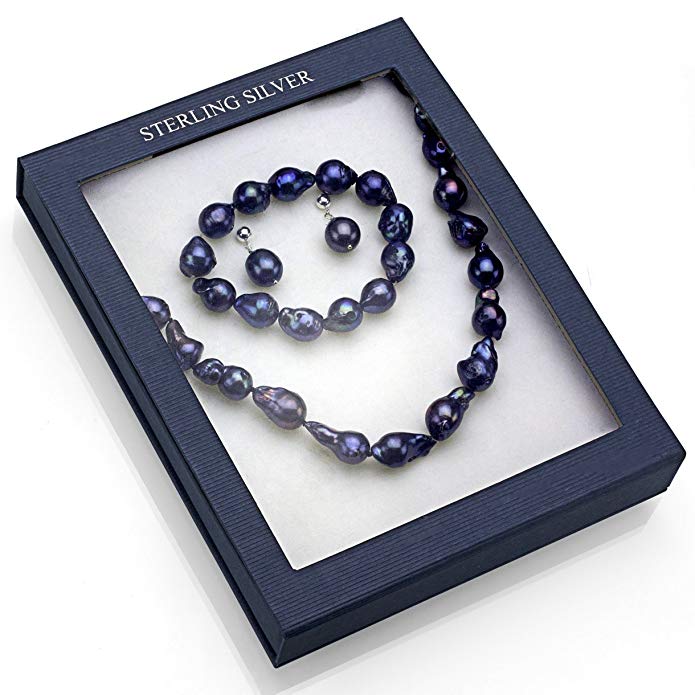 La Regis Jewelry Sterling Silver 10-10.5mm Dyed-black Nuclated Freshwater Cultured Pearl Necklace, Bracelet, Earrings