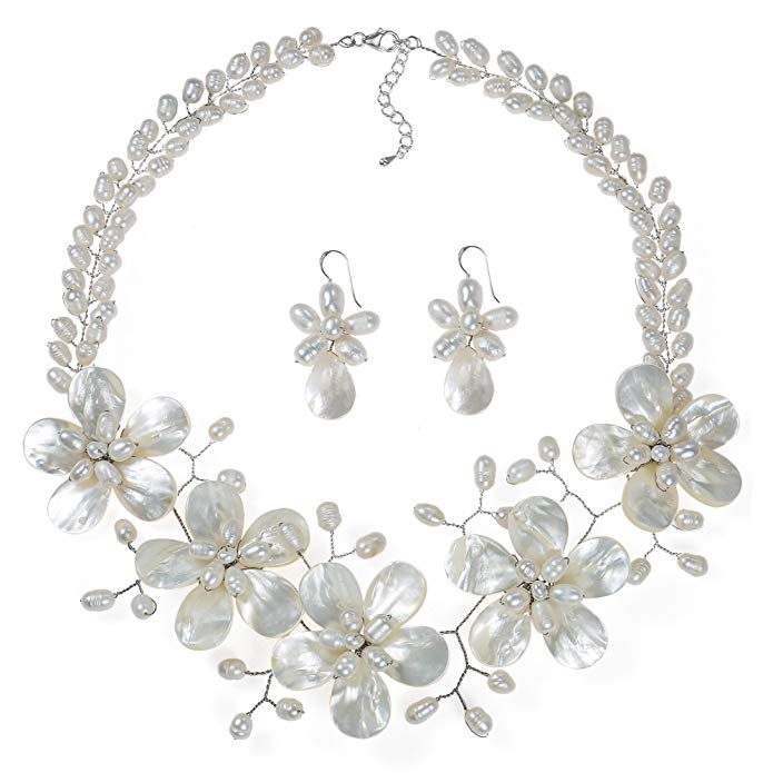 AeraVida Floral White Mother of Pearl & Cultured Freshwater White Pearl Fancy Jewelry Set