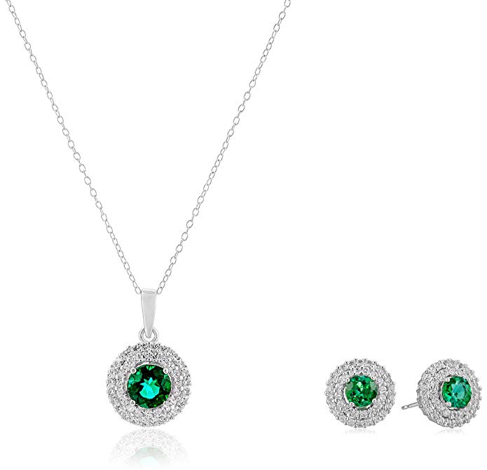 Sterling Silver Created Precious Gemstone and White Sapphire Double Halo Pendant Necklace and Stud Earrings Set