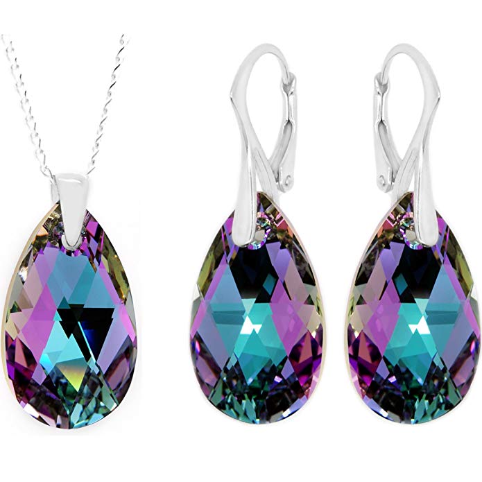 Royal Crystals Made with Swarovski Crystals Pink Blue Sterling Silver Pendant Necklace Earrings Set,18