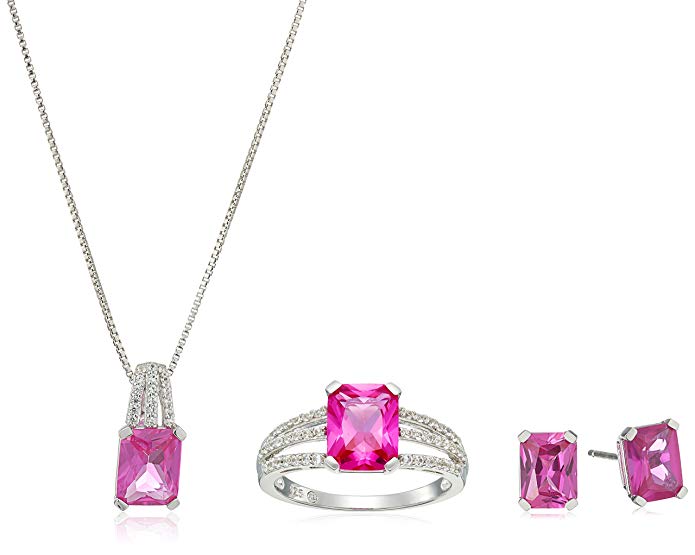 Sterling Silver Box Set with Cushion Cut Created Pink Sapphire and Created White Sapphire Accent Stud Earrings, Ring and Pendant Necklace Jewelry Set