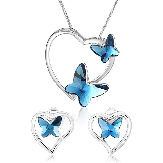 Heart Butterfly Sterling Silver Necklace Earring Matching Womens Girls Jewelry Set, Great for gift, brithdays, present