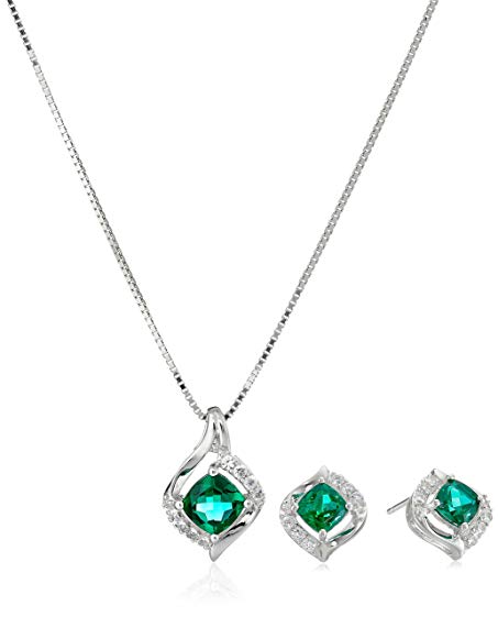 Sterling Silver Created Emerald and Created White Sapphire Cushion-Cut Stud Earrings and Pendant Necklace